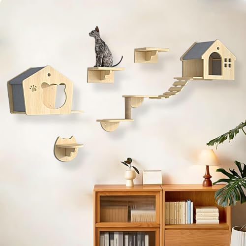 KEJIAWU Kletterwand Katzen Holz, Katzen Kletterwand, Katzenwandparkour, Katzen-Sprungplattform zum Spielen, Katzen-Sprungplattform zum Spielen, Schlafen und Faulenzen Von Katzen(7PCS) von KEJIAWU