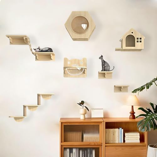 KEJIAWU Kletterwand Katzen Holz, Katzen Kletterwand, Katzenwandparkour, Katzen-Sprungplattform zum Spielen, Katzen-Sprungplattform zum Spielen, Schlafen und Faulenzen Von Katzen(9PCS) von KEJIAWU