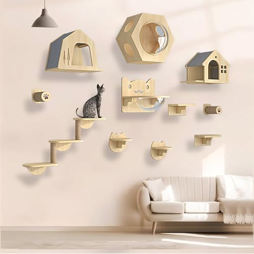 KEJIAWU Kletterwand Katzen Holz, Katzen Kletterwand, Katzenwandparkour, Katzen-Sprungplattform zum Spielen, Platzsparende DIY-Katzen-Kletterwand zum Klettern, Schlafen und Spielen(11PCS) von KEJIAWU