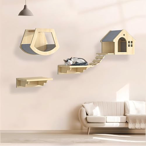KEJIAWU Kletterwand Katzen Holz, Katzen Kletterwand, Katzenwandparkour, Katzen-Sprungplattform zum Spielen, Platzsparende DIY-Katzen-Kletterwand zum Klettern, Schlafen und Spielen(4PCS) von KEJIAWU