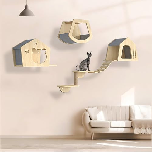 KEJIAWU Kletterwand Katzen Holz, Katzen Kletterwand, Katzenwandparkour, Katzen-Sprungplattform zum Spielen, Platzsparende DIY-Katzen-Kletterwand zum Klettern, Schlafen und Spielen(5PCS) von KEJIAWU