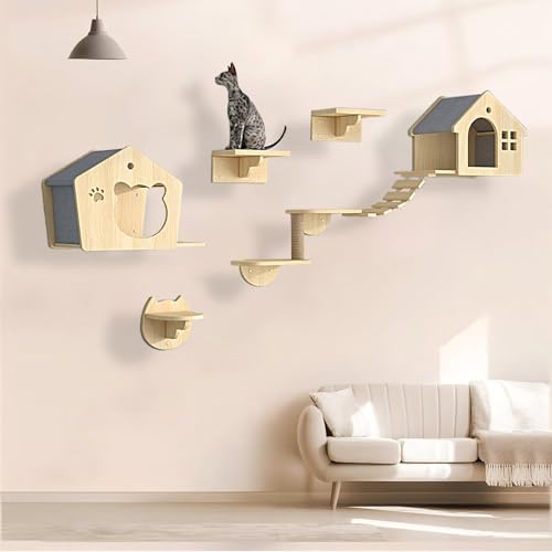 KEJIAWU Kletterwand Katzen Holz, Katzen Kletterwand, Katzenwandparkour, Katzen-Sprungplattform zum Spielen, Platzsparende DIY-Katzen-Kletterwand zum Klettern, Schlafen und Spielen(7PCS) von KEJIAWU