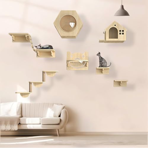 KEJIAWU Kletterwand Katzen Holz, Katzen Kletterwand, Katzenwandparkour, Katzen-Sprungplattform zum Spielen, Platzsparende DIY-Katzen-Kletterwand zum Klettern, Schlafen und Spielen(9PCS) von KEJIAWU