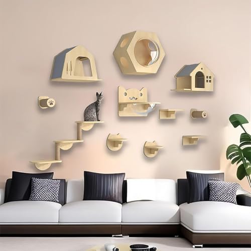 KEJIAWU Kletterwand Katzen Set, Katzenmöbel aus Holz Katzentreppe, Katzen Wandelemente Multifunktional zum Schlafen, Spielen und Klettern(11PCS) von KEJIAWU