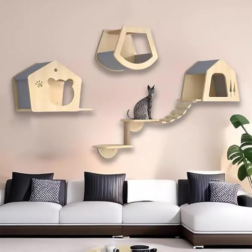 KEJIAWU Kletterwand Katzen Set, Katzenmöbel aus Holz Katzentreppe, Katzen Wandelemente Multifunktional zum Schlafen, Spielen und Klettern(5PCS) von KEJIAWU