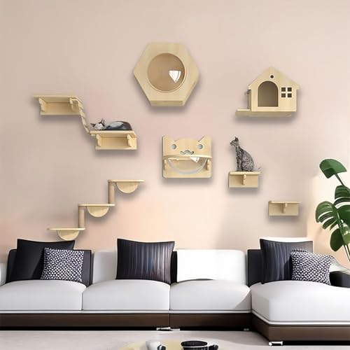 KEJIAWU Kletterwand Katzen Set, Katzenmöbel aus Holz Katzentreppe, Katzen Wandelemente Multifunktional zum Schlafen, Spielen und Klettern(9PCS) von KEJIAWU