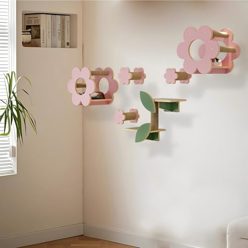 KEJIAWU Kletterwand for Katzen - Echtholz Design mit Reppe, Plattform & Kratzfläche, Belastbar bis 13kg, Einfach Montierbare Katzenkletterwand aus Holz mit Regalen(6PCS) von KEJIAWU