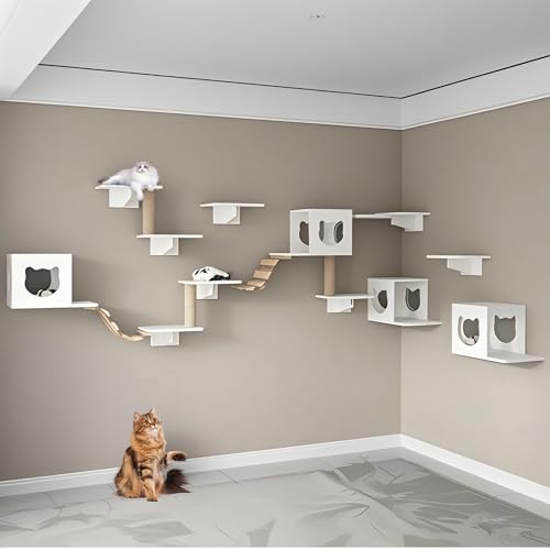 KEJIAWU Kletterwand for Katzen XXL - Wandmontierte Kratzbäume mit Sisalpfosten und Hängematte - Ideal zum Klettern und Entspannen(18PCS) von KEJIAWU