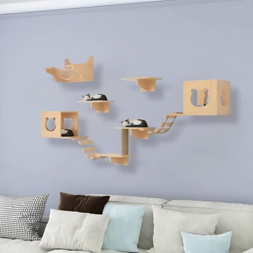 KEJIAWU Moderne, platzsparende Katzenkletterwand aus Massivholz - Perfekt for kleine Wohnungen, mit Mehreren Regalen, Sitzstangen und Kratzflächen(10-PCS) von KEJIAWU