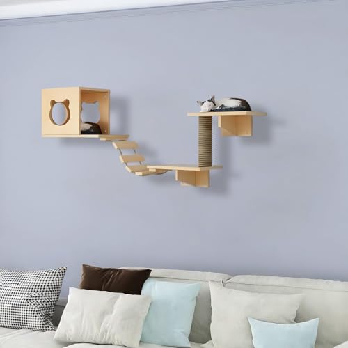 KEJIAWU Moderne, platzsparende Katzenkletterwand aus Massivholz - Perfekt for kleine Wohnungen, mit Mehreren Regalen, Sitzstangen und Kratzflächen(5PCS) von KEJIAWU