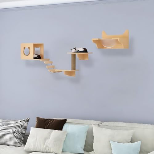 KEJIAWU Moderne, platzsparende Katzenkletterwand aus Massivholz - Perfekt for kleine Wohnungen, mit Mehreren Regalen, Sitzstangen und Kratzflächen(6PCS) von KEJIAWU