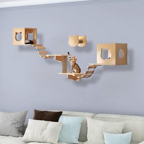 KEJIAWU Moderne, platzsparende Katzenkletterwand aus Massivholz - Perfekt for kleine Wohnungen, mit Mehreren Regalen, Sitzstangen und Kratzflächen(8PCS) von KEJIAWU