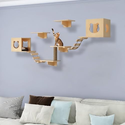 KEJIAWU Moderne, platzsparende Katzenkletterwand aus Massivholz - Perfekt for kleine Wohnungen, mit Mehreren Regalen, Sitzstangen und Kratzflächen(9PCS-A) von KEJIAWU