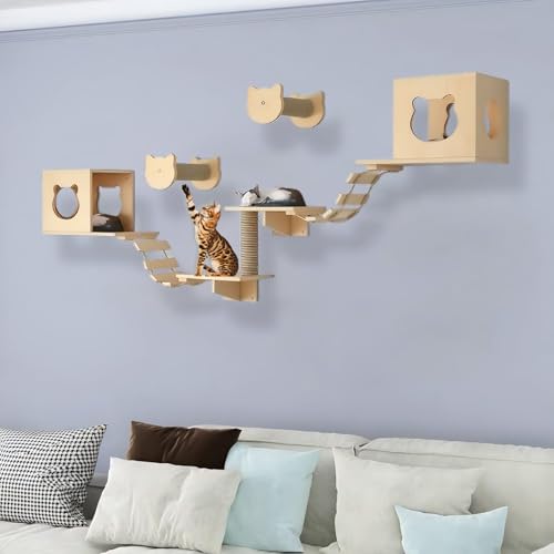 KEJIAWU Moderne, platzsparende Katzenkletterwand aus Massivholz - Perfekt for kleine Wohnungen, mit Mehreren Regalen, Sitzstangen und Kratzflächen(9PCS-B) von KEJIAWU