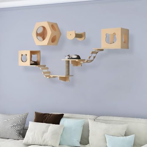 KEJIAWU Moderne, platzsparende Katzenkletterwand aus Massivholz - Perfekt for kleine Wohnungen, mit Mehreren Regalen, Sitzstangen und Kratzflächen(9PCS-C) von KEJIAWU
