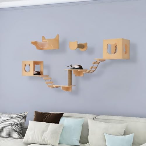 KEJIAWU Moderne, platzsparende Katzenkletterwand aus Massivholz - Perfekt for kleine Wohnungen, mit Mehreren Regalen, Sitzstangen und Kratzflächen(9PCS-D) von KEJIAWU