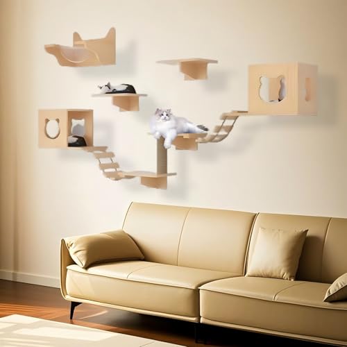 KEJIAWU Moderne Katzenkletterwand aus Massivholz - Stilvolles Design mit Kratzstamm, gemütlicher Hängematte und geräumiger Höhle for Ihr Zuhause(10-PCS) von KEJIAWU