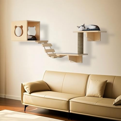 KEJIAWU Moderne Katzenkletterwand aus Massivholz - Stilvolles Design mit Kratzstamm, gemütlicher Hängematte und geräumiger Höhle for Ihr Zuhause(5PCS) von KEJIAWU