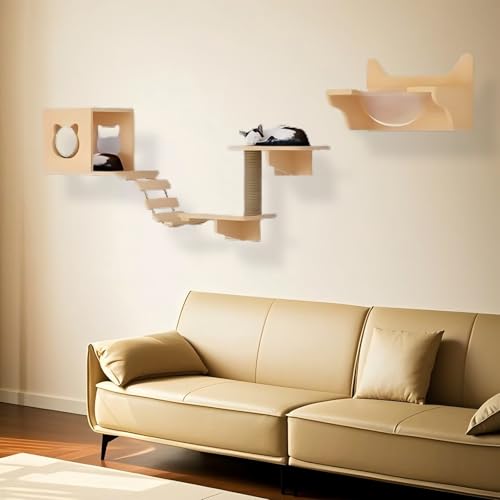 KEJIAWU Moderne Katzenkletterwand aus Massivholz - Stilvolles Design mit Kratzstamm, gemütlicher Hängematte und geräumiger Höhle for Ihr Zuhause(6PCS) von KEJIAWU