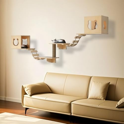 KEJIAWU Moderne Katzenkletterwand aus Massivholz - Stilvolles Design mit Kratzstamm, gemütlicher Hängematte und geräumiger Höhle for Ihr Zuhause(7PCS) von KEJIAWU