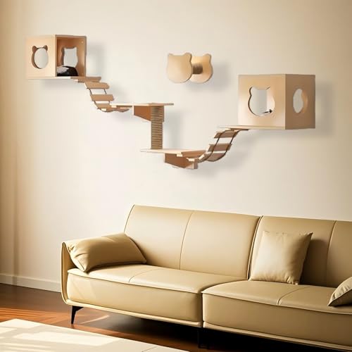KEJIAWU Moderne Katzenkletterwand aus Massivholz - Stilvolles Design mit Kratzstamm, gemütlicher Hängematte und geräumiger Höhle for Ihr Zuhause(8PCS) von KEJIAWU
