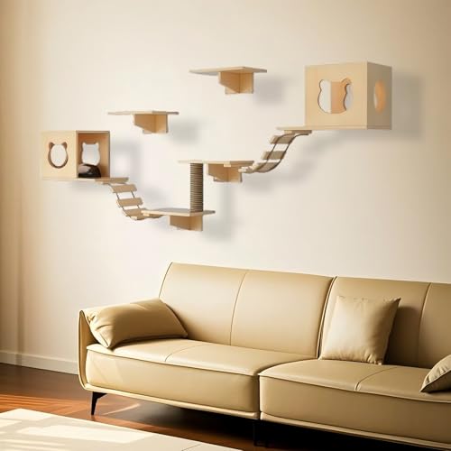 KEJIAWU Moderne Katzenkletterwand aus Massivholz - Stilvolles Design mit Kratzstamm, gemütlicher Hängematte und geräumiger Höhle for Ihr Zuhause(9PCS-A) von KEJIAWU