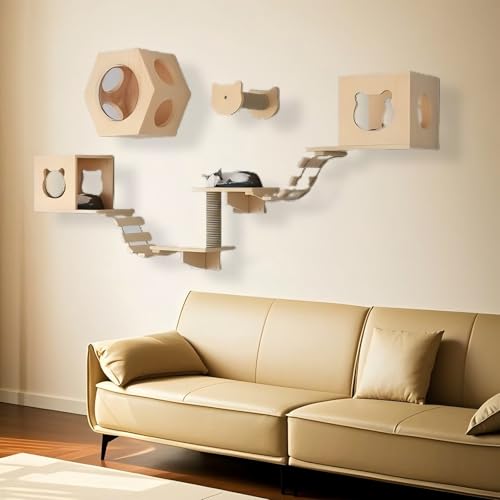 KEJIAWU Moderne Katzenkletterwand aus Massivholz - Stilvolles Design mit Kratzstamm, gemütlicher Hängematte und geräumiger Höhle for Ihr Zuhause(9PCS-C) von KEJIAWU
