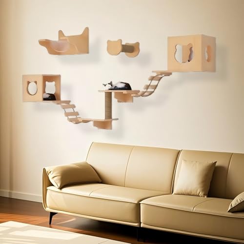 KEJIAWU Moderne Katzenkletterwand aus Massivholz - Stilvolles Design mit Kratzstamm, gemütlicher Hängematte und geräumiger Höhle for Ihr Zuhause(9PCS-D) von KEJIAWU