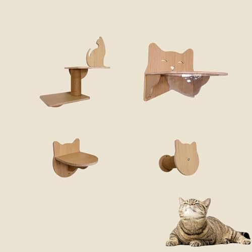 KEJIAWU Wand-Hängematte for Katzen, Wandmontierte Katzenmöbel - Katzenbett und Regal, Robuster Holzkletterbaum for Katzen, Sitzplattform(4PCS) von KEJIAWU