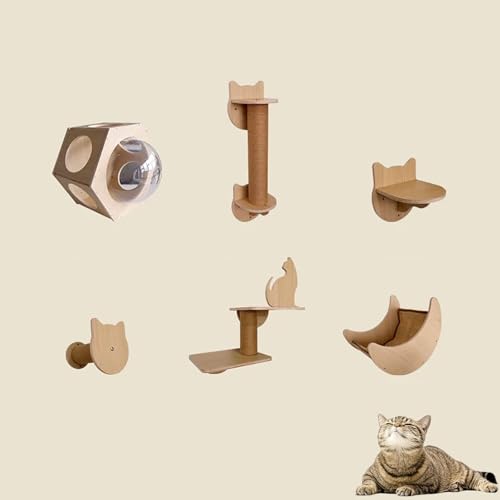 KEJIAWU Wand-Hängematte for Katzen, Wandmontierte Katzenmöbel - Katzenbett und Regal, Robuster Holzkletterbaum for Katzen, Sitzplattform(6PCS) von KEJIAWU