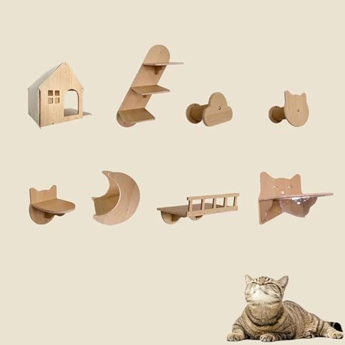 KEJIAWU Wand-Hängematte for Katzen, Wandmontierte Katzenmöbel - Katzenbett und Regal, Robuster Holzkletterbaum for Katzen, Sitzplattform(8PCS) von KEJIAWU