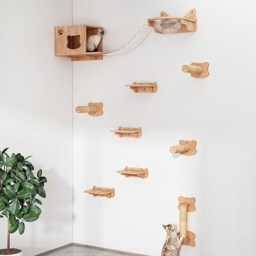 KEJIAWU Wandregale for Katzen mit Kratzbrücke - Massives Eichenholz, Moderne Wandmöbel zum Schlafen, Spielen, Klettern und Entspannen(11PCS) von KEJIAWU