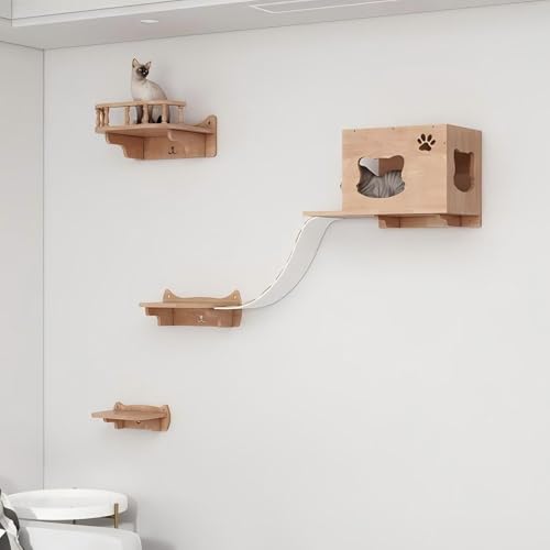 KEJIAWU Wandregale for Katzen mit Kratzbrücke - Massives Eichenholz, Moderne Wandmöbel zum Schlafen, Spielen, Klettern und Entspannen(5PCS-A) von KEJIAWU