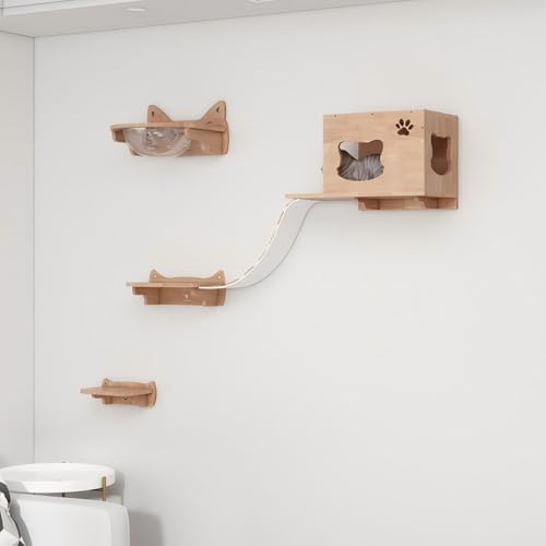 KEJIAWU Wandregale for Katzen mit Kratzbrücke - Massives Eichenholz, Moderne Wandmöbel zum Schlafen, Spielen, Klettern und Entspannen(5PCS-B) von KEJIAWU