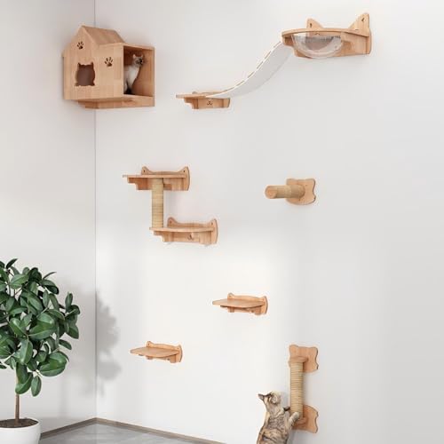 KEJIAWU Wandregale for Katzen mit Kratzbrücke - Massives Eichenholz, Moderne Wandmöbel zum Schlafen, Spielen, Klettern und Entspannen(9PCS) von KEJIAWU
