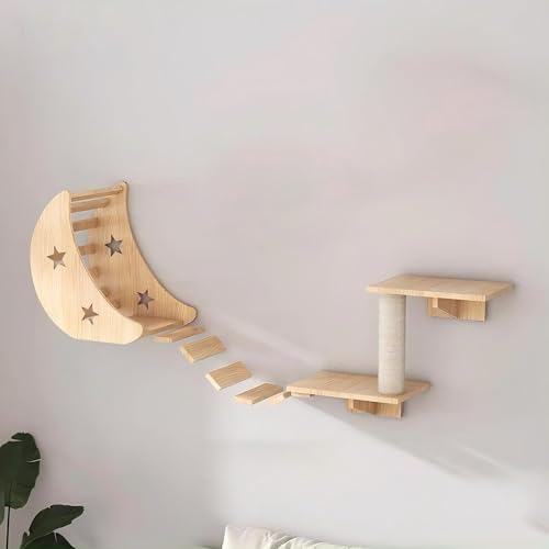 KEJIAWU Wandregale for Katzen mit Verbindungsbrücke - Massives Holz-Katzemöbel zum Klettern, Spielen und Entspannen - Wandaufgehängte Katzenhäuser(3PCS-A) von KEJIAWU