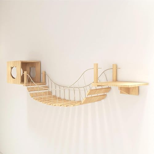 KEJIAWU Wandregale for Katzen mit Verbindungsbrücke - Massives Holz-Katzemöbel zum Klettern, Spielen und Entspannen - Wandaufgehängte Katzenhäuser(3PCS-B) von KEJIAWU