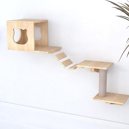 KEJIAWU Wandregale for Katzen mit Verbindungsbrücke - Massives Holz-Katzemöbel zum Klettern, Spielen und Entspannen - Wandaufgehängte Katzenhäuser(3PCS-C) von KEJIAWU