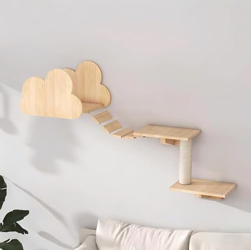 KEJIAWU Wandregale for Katzen mit Verbindungsbrücke - Massives Holz-Katzemöbel zum Klettern, Spielen und Entspannen - Wandaufgehängte Katzenhäuser(3PCS-D) von KEJIAWU