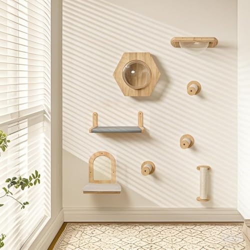 KEJIAWU Wandregale und Liegeflächen for Katzen, Wandmontierte Holzmöbel mit Juteseil, Trägt bis zu 15 kg, Zum Schlafen, Spielen und Klettern(7PCS) von KEJIAWU