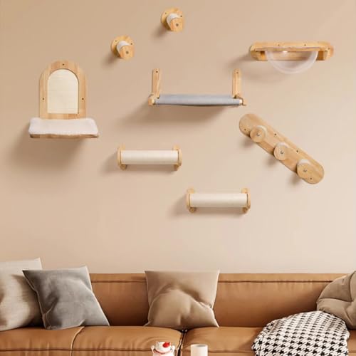 KEJIAWU Wandregale und Liegeflächen for Katzen, Wandmontierte Holzmöbel mit Juteseil, Trägt bis zu 15 kg, Zum Schlafen, Spielen und Klettern(8PCS) von KEJIAWU