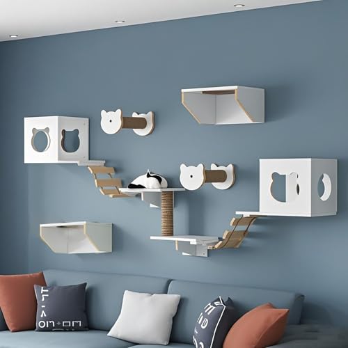 KEJIAWU Weiß Kletterwand Katzen,Massivholz & Jute, | Katzen-Tunnel, Katzenbrücke & Kratzregal, Katzenhängematte，Stabiles Kratzbaum Wand(11PCS) von KEJIAWU