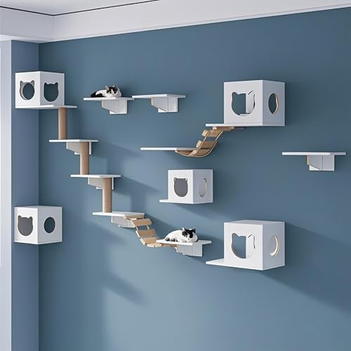 KEJIAWU Weiß Kletterwand Katzen,Massivholz & Jute, | Katzen-Tunnel, Katzenbrücke & Kratzregal, Katzenhängematte，Stabiles Kratzbaum Wand(17PCS) von KEJIAWU