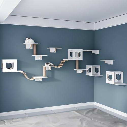 KEJIAWU Weiß Kletterwand Katzen,Massivholz & Jute, | Katzen-Tunnel, Katzenbrücke & Kratzregal, Katzenhängematte，Stabiles Kratzbaum Wand(18PCS) von KEJIAWU