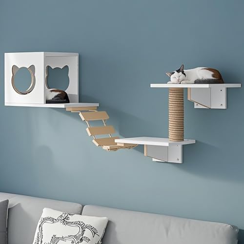 KEJIAWU Weiß Kletterwand Katzen,Massivholz & Jute, | Katzen-Tunnel, Katzenbrücke & Kratzregal, Katzenhängematte，Stabiles Kratzbaum Wand(5PCS) von KEJIAWU