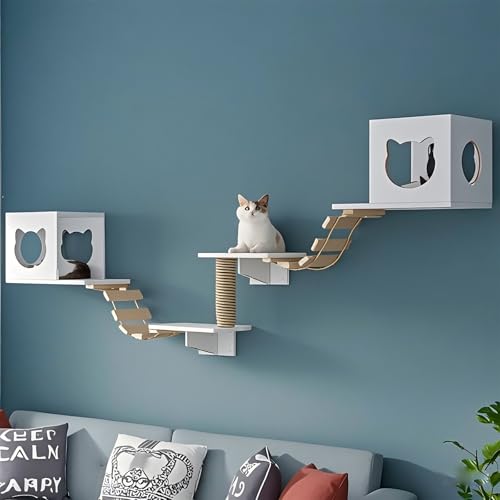 KEJIAWU Weiß Kletterwand Katzen,Massivholz & Jute, | Katzen-Tunnel, Katzenbrücke & Kratzregal, Katzenhängematte，Stabiles Kratzbaum Wand(7PCS) von KEJIAWU