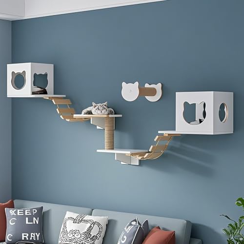 KEJIAWU Weiß Kletterwand Katzen,Massivholz & Jute, | Katzen-Tunnel, Katzenbrücke & Kratzregal, Katzenhängematte，Stabiles Kratzbaum Wand(8PCS) von KEJIAWU