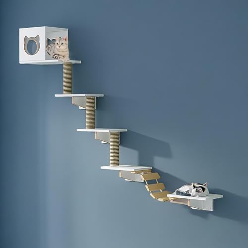 KEJIAWU Weiß Kletterwand Katzen,Massivholz & Jute, | Katzen-Tunnel, Katzenbrücke & Kratzregal, Katzenhängematte，Stabiles Kratzbaum Wand(9PCS-A) von KEJIAWU
