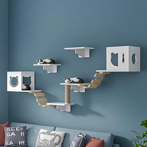 KEJIAWU Weiß Kletterwand Katzen,Massivholz & Jute, | Katzen-Tunnel, Katzenbrücke & Kratzregal, Katzenhängematte，Stabiles Kratzbaum Wand(9PCS-B) von KEJIAWU