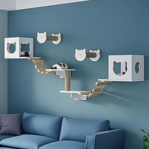 KEJIAWU Weiß Kletterwand Katzen,Massivholz & Jute, | Katzen-Tunnel, Katzenbrücke & Kratzregal, Katzenhängematte，Stabiles Kratzbaum Wand(9PCS-C) von KEJIAWU